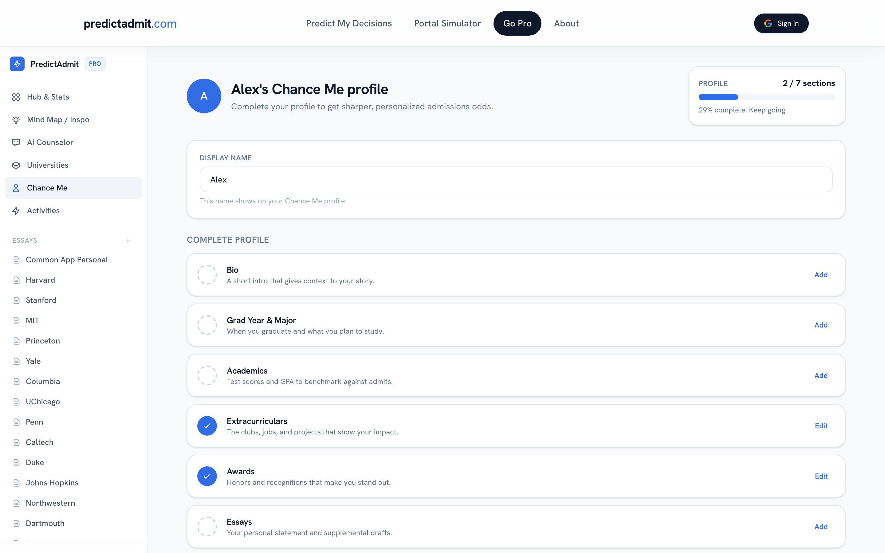 PredictAdmit Pro: build your Chance Me profile for personalized odds