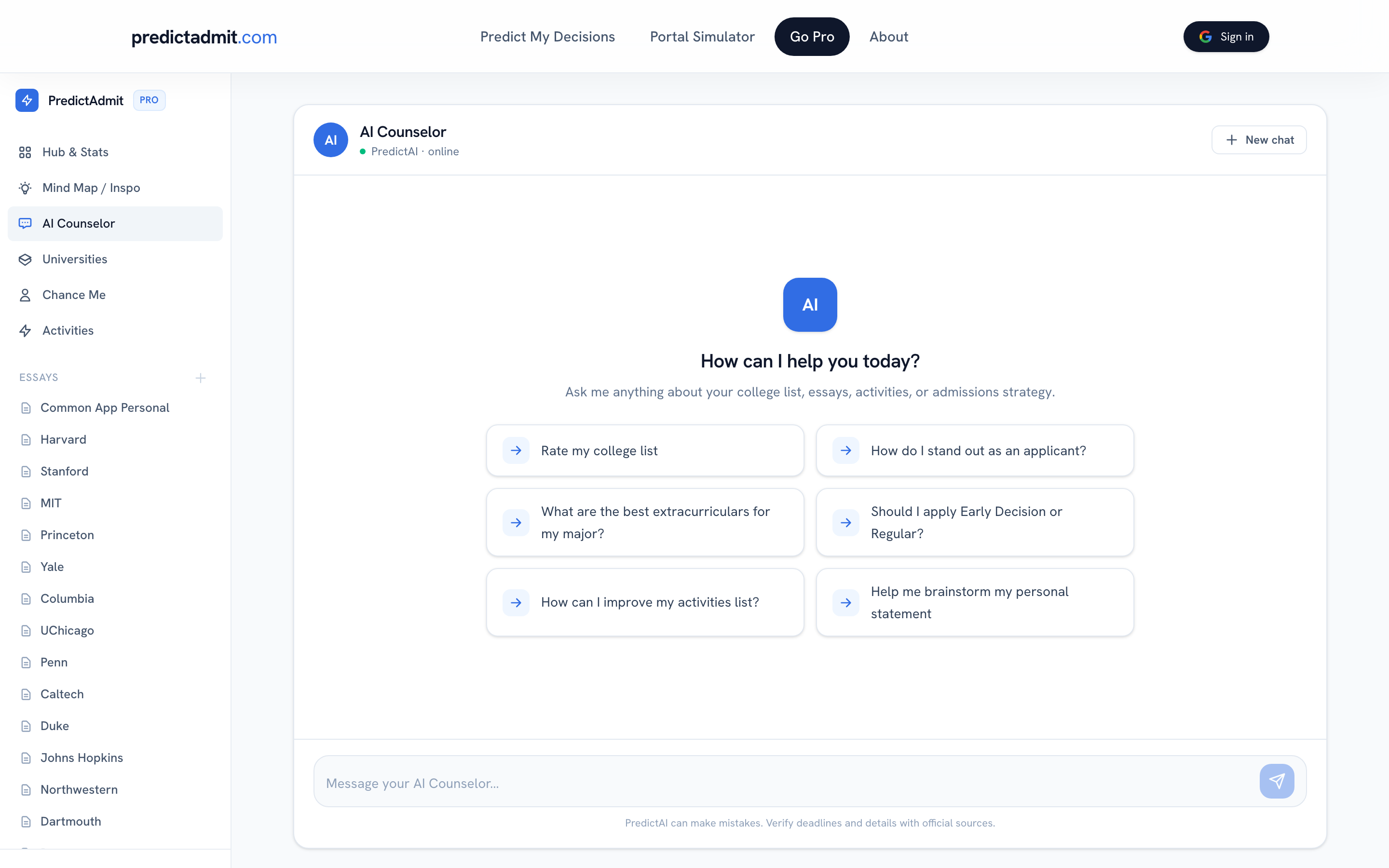 PredictAdmit Pro: AI counselor chat