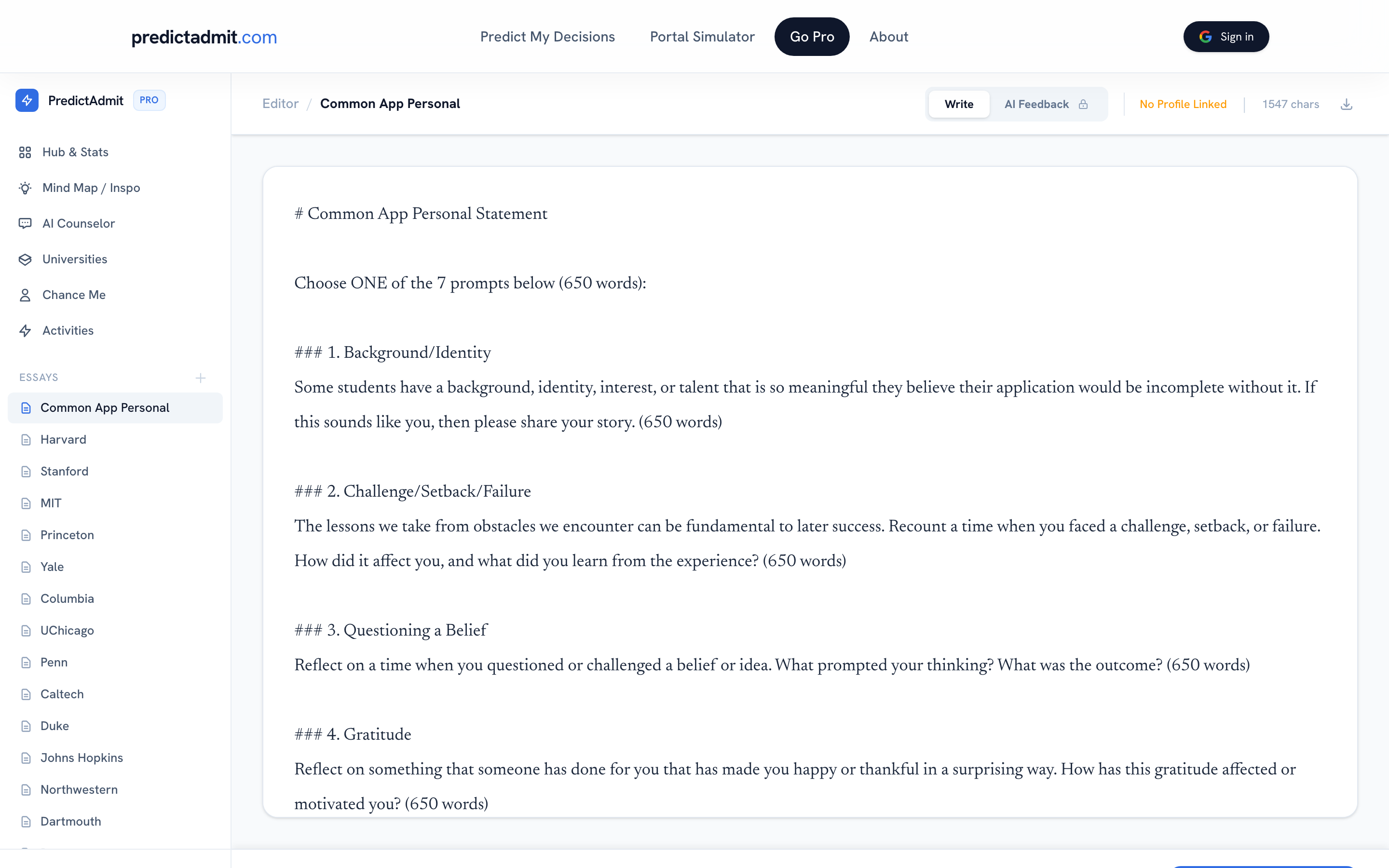 PredictAdmit Pro: essay editor with AI feedback