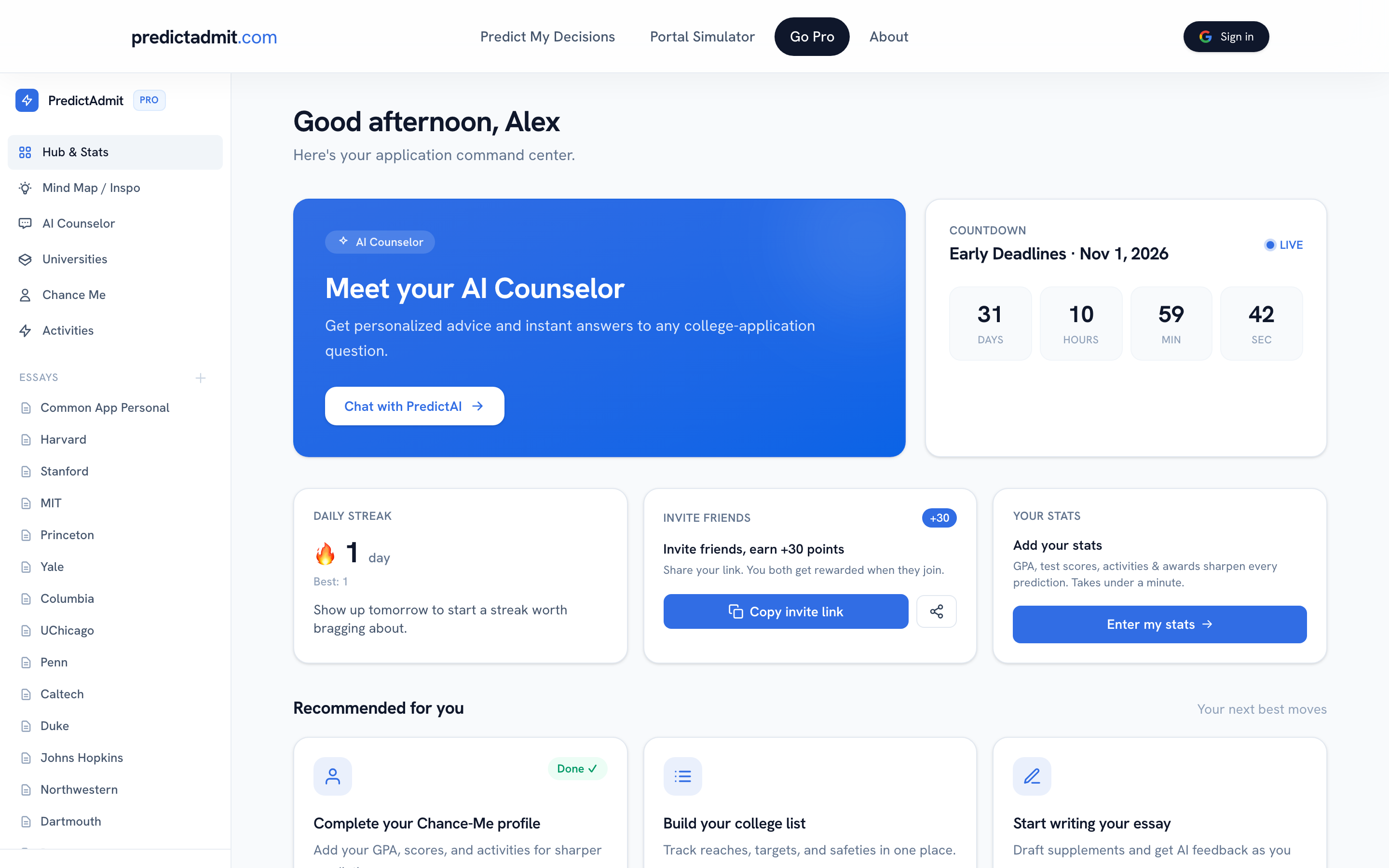 PredictAdmit Pro dashboard: your application command center